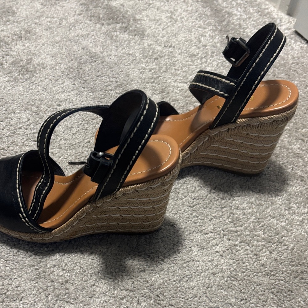 Prada Black Leather Wedge Sandals with Espadrille Detailing - Picture 5 of 5
